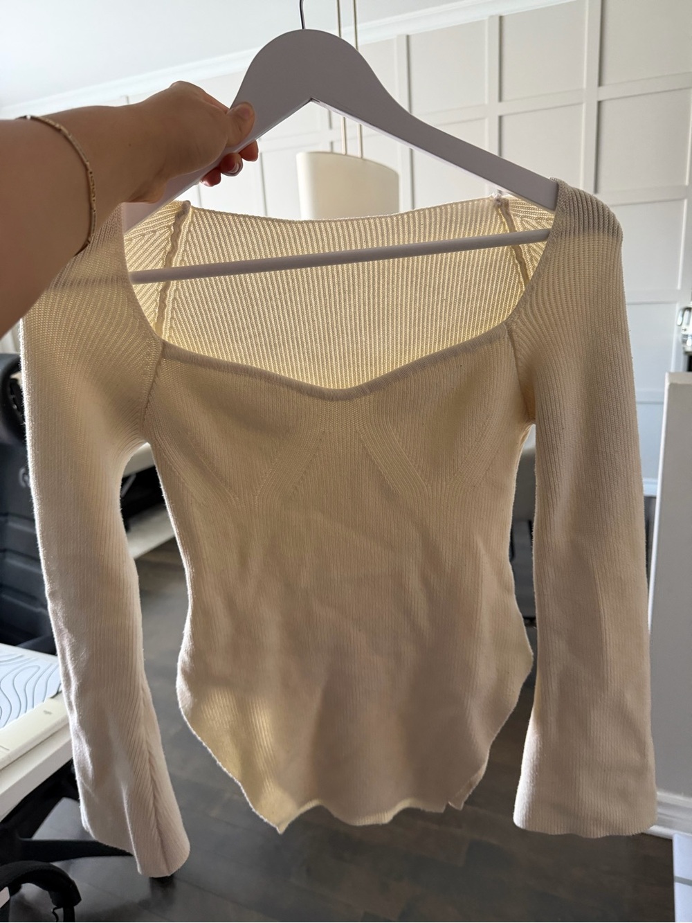 Women’s Cream Square Neck Ribbed Long-Sleeve Top